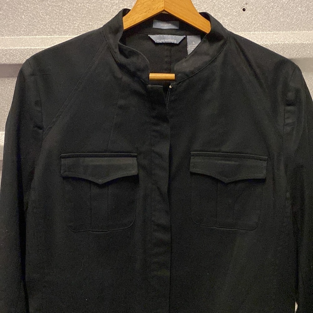 Hillard & Hanson black zip front Manchurian neck zip front stretch blazer jacket